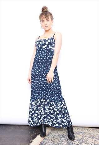 VINTAGE 90S BLUE FLORAL PRINT MIDI DRESS