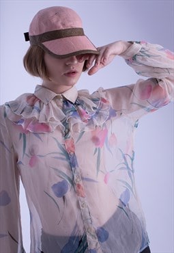 Flower Printed Ruffle Collar Sheer Shirt