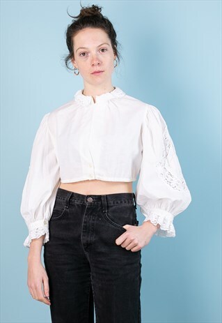 VINTAGE 70S BOHO CROP PUFFED PEASANT BRALETTE BLOUSE WHITE