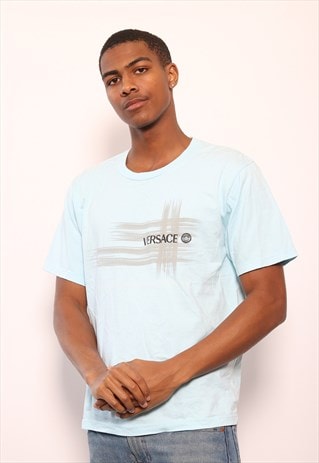 VINTAGE VERSACE PRINT LOGO T-SHIRT BLUE