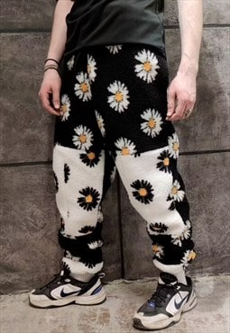 Daisy fleece joggers handmade sunflower beam overalls black