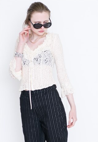 VINTAGE WHITE FLORAL SEE THROUGH RETRO BLOUSE