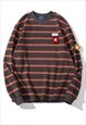 Horizontal stripe fleece sweatshirt zigzag pattern top brown