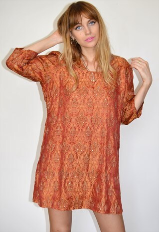 VINTAGE 70S ORANGE & GOLD ORIENTAL FESTIVAL MINI DRESS
