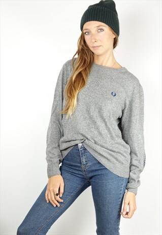 VINTAGE FRED PERRY KNITTED JUMPER ROUND NECK GREY OVERSIZE