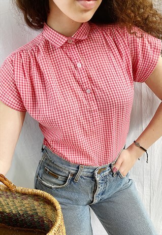 VINTAGE 70S COUNTRY MILKMAID GINGHAM CHECK PRAIRIE BLOUSE