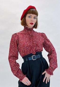 80s Vintage Red Paisley High Collar Floral Pattern Blouse