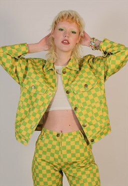 Yellow & Green Checkerboard Denim Jacket