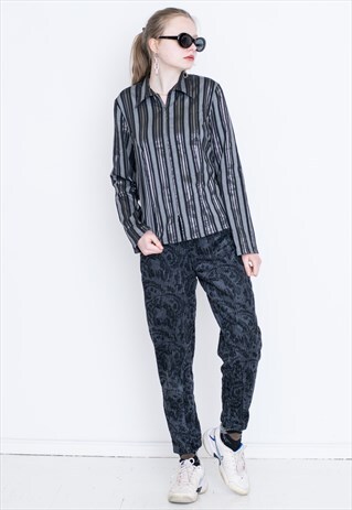 VINTAGE GREY STRIPED LONG SLEEVE RETRO SHIRT