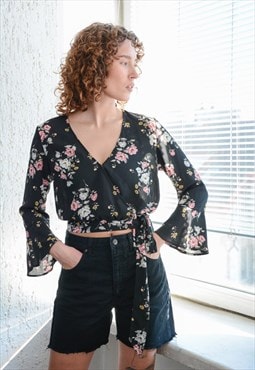 Vintage 80's Black Floral Print Wrap Style Cropped Blouse