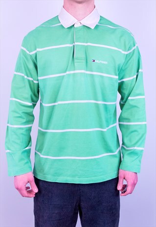 VINTAGE TOMMY HILFIGER RUGBY POLO SHIRT SPELL OUT GREEN L