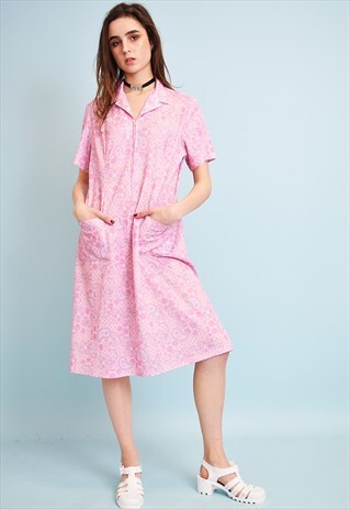 70'S RETRO ABSTRACT & PAISLEY PRINT PINK ELEGANT MIDI DRESS