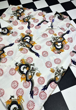 VINTAGE 00S Y2K DRAGON FLAMES BOWLING SHORT SLEEVE SHIRT
