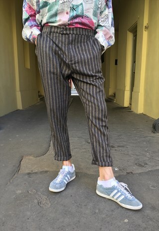 VINTAGE 90' CLASSIC ELEGANT BEIGE STRIPED WOOL TROUSERS