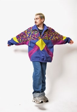 90s vintage fleece in multi colour block Abstract patterned