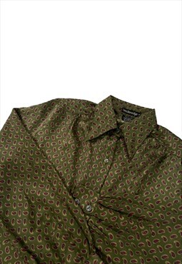 Womens Vintage 70s blouse khaki green paisley pattern top