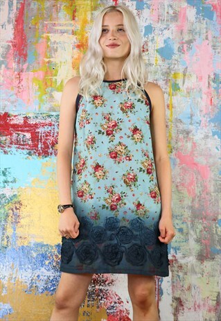 MINI DRESS IN VINTAGE FLOWER DIP DYE CUT AWAY SHOULDERS