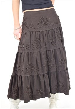 Vintage Y2K Tiered Midi Skirt in Brown Floral Embroidery 