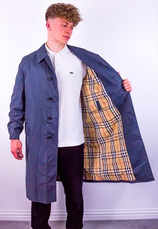 VINTAGE BURBERRY NOVA CHECK TRENCH COAT JACKET IN BLUE