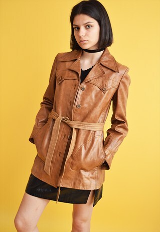 70'S RETRO BROWN GENUINE LEATHER CLASSY TRENCH JACKET