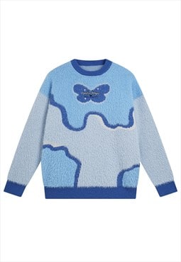 Butterfly print sweater fluffy abstract jumper in sky blue