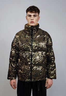 Gold sequin bomber glitter jacket sparkle puffer party coat