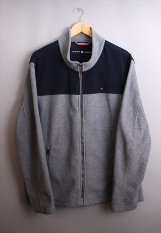 MENS VINTAGE GREY & NAVY TOMMY HILFIGER ZIP UP FLEECE JUMPER