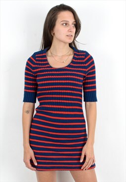 Women's S 70s Mini Knitted Dress Summer Striped Hippie