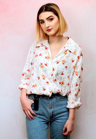 1990S VINTAGE WHITE AND ORANGE FLORAL OVERSIZED SHIRT