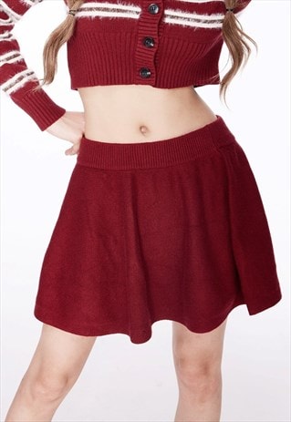 PLEATED MINI SKIRT WIDE FIT PREPPY KNITTED BOTTOMS IN RED