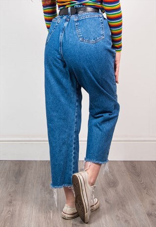 VINTAGE 90'S BLUE DENIM HIGH WAIST FRAYED HEM MOM JEANS