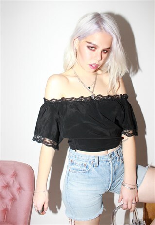 VINTAGE 80S BLACK LACE BARDOT CROP TOP