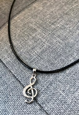 Silver Music Note Pendant Black Cord Necklace