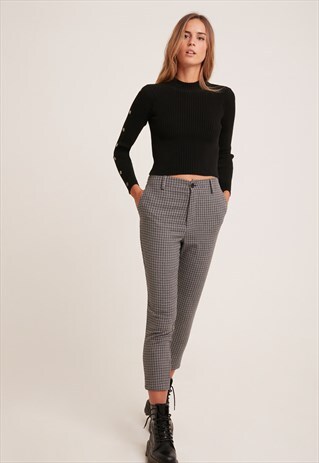 HIGH WAISTED TROUSERS - BLACK AND GREY PIED-DE-POULE