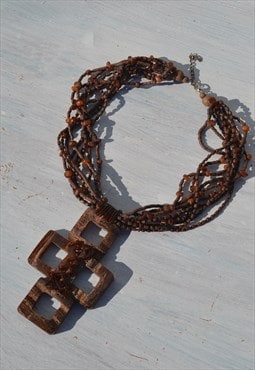 Deadstock brown beaded chunky cross necklace,9 strands