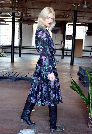 80S VINTAGE BLACK DRESS WITH FLOWERS