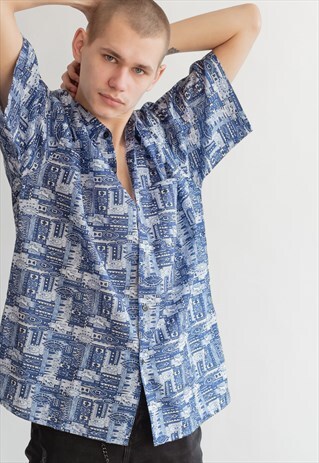 VINTAGE 80S DADS FUNKY SHIRT IN BLUE PATTERN