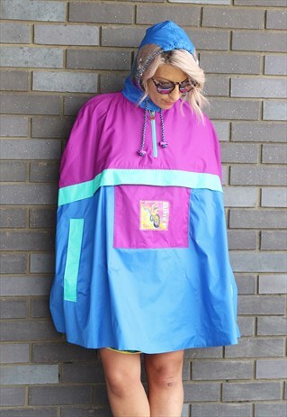 VINTAGE 1990S COLOUR BLOCK WINDBREAKER HOODED PONCHO