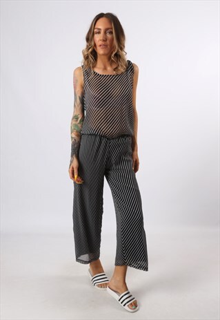 JUMPSUIT PRINT STRIPED WIDE LEG VINTAGE 3/4 LENGTH UK 8 CG3J