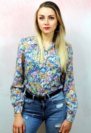 1980S VINTAGE PASTEL COLOURED FLORAL SILKY BLOUSE
