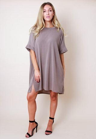 OVERSIZED KNIT T-SHIRT DRESS - MOCHA