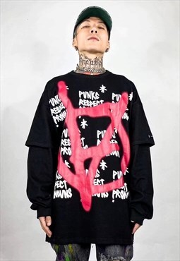 Graffiti fake sleeve tee long punk anarchy slogan t-shirt
