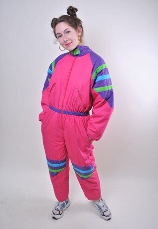 RETRO PINK SKI SUIT, 80S WOMEN ONE PIECE SNOWSUIT