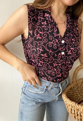 VINTAGE 90S PETITE FLORAL TUNIC BLOUSE TOP BOHO PARISIAN