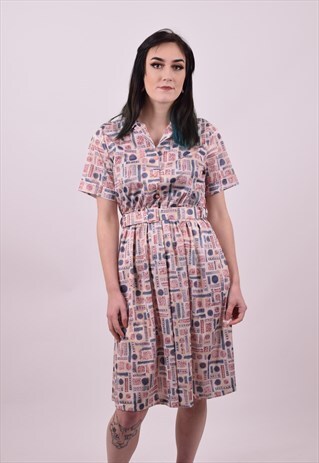VINTAGE 70'S DOES 40'S CRAZY PRINT TEA DAY DRESS 10 TO 12