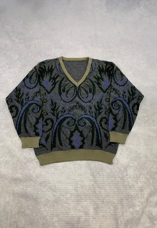 VINTAGE KNITTED JUMPER ABSTRACT PATTERNED GRANDAD SWEATER