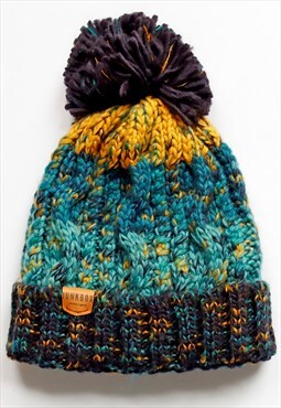 Junkbox Knitted Cable Bobble hat in Blue & Yellow