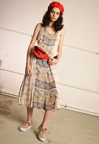 VINTAGE 90'S RETRO BOHO PRINT FESTIVAL MIDI DRESS
