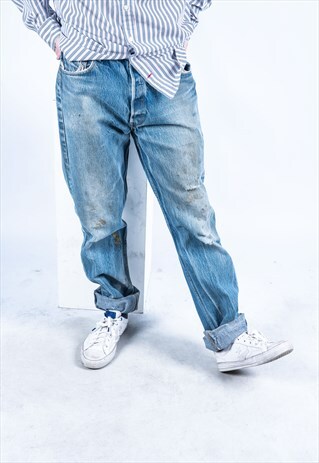 VINTAGE LEVI'S 501 JEANS IN BLUE DENIM WITH RIPS PAINT MARKS