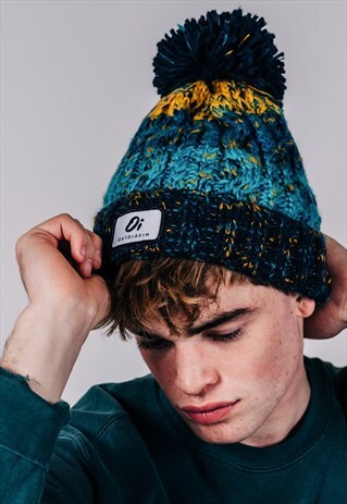 BLUE WARM WINTER HAT WITH POMPOM